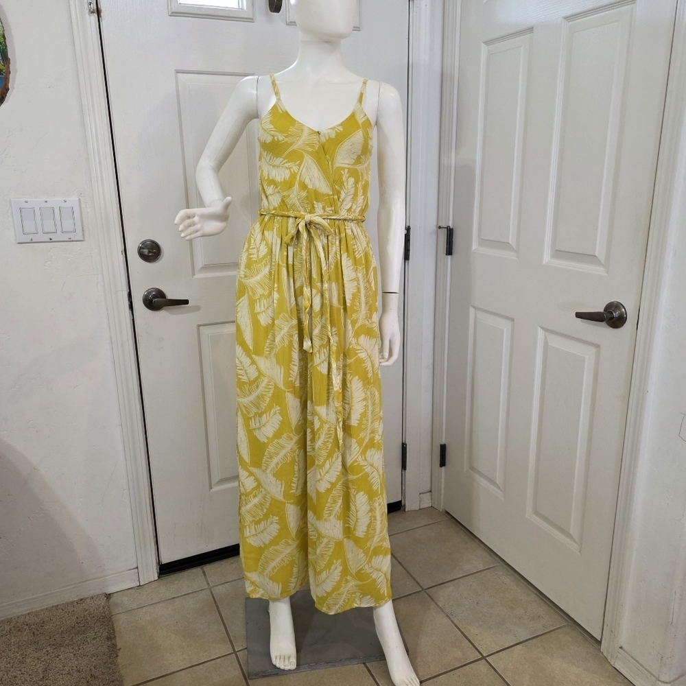 Sim & Sam Yellow Tropical Print V-Neck Jumpsuit with Tie Waist